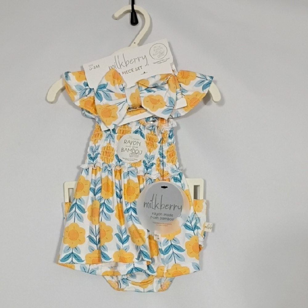 NWT Milkberry Orange Floral Print 3 PC Bloomer Set W Bow Size 0-3 Month Bamboo